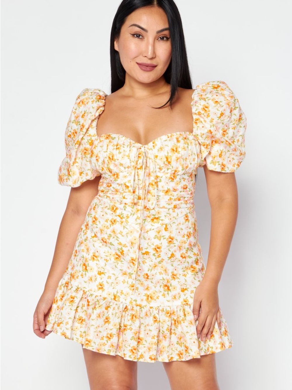 Forever New Yellow Floral Puff-Sleeve Mini Dress